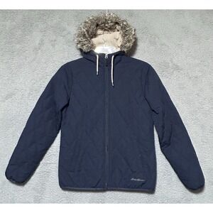 Eddie Bauer Women's Size S Blue Quilted Hooded Jacket Coat Sherpa Lined‎ Faux